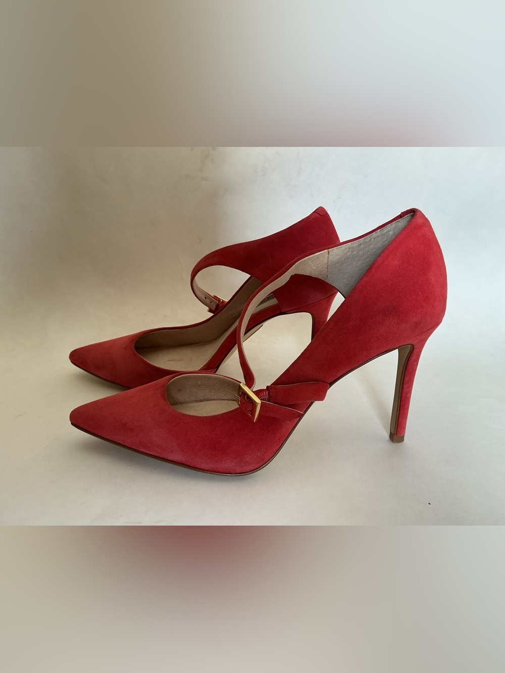 Louise et Cie Coral Red Cross Strap Pointy Toe Genuine Suede Heel Pumps